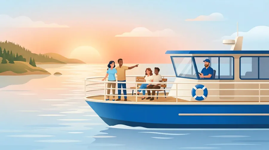 Tour boat gliding across calm coastal water at sunrise with guests on deck