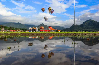 Hot air balloons floating over a scenic landscape
