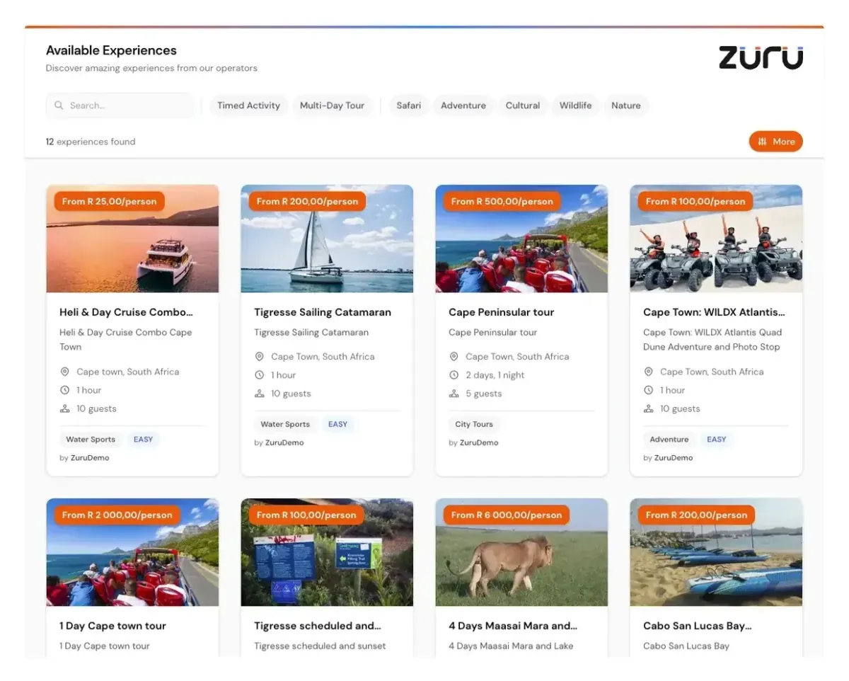 Zuru Marketplace showing available tours and activities with search and booking functionality