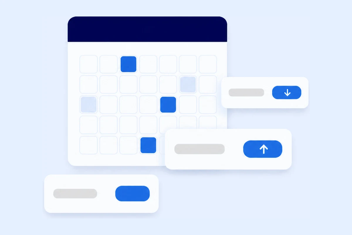 Illustration of a calendar with highlighted dates beside price rows adjusting up and down