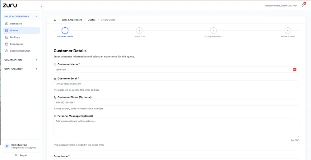 Quote Wizard interface showing experience selection and customization options