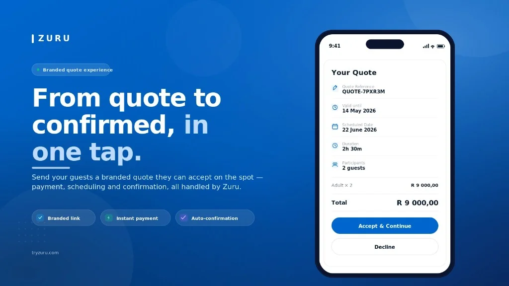 Branded Zuru quote on a phone with reference, schedule, total, and Accept & Continue button
