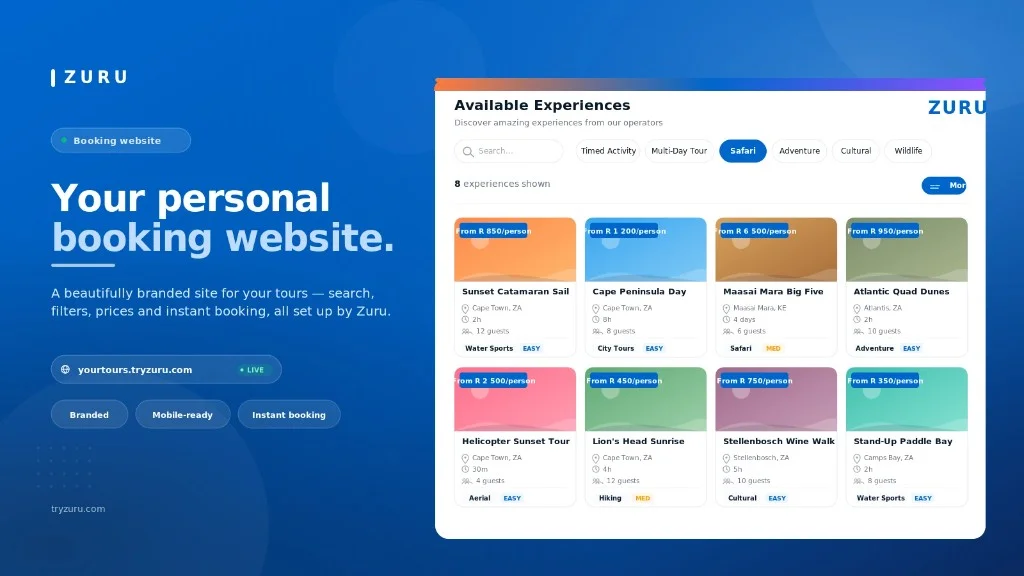 Zuru operator page showing a branded booking website with available experiences