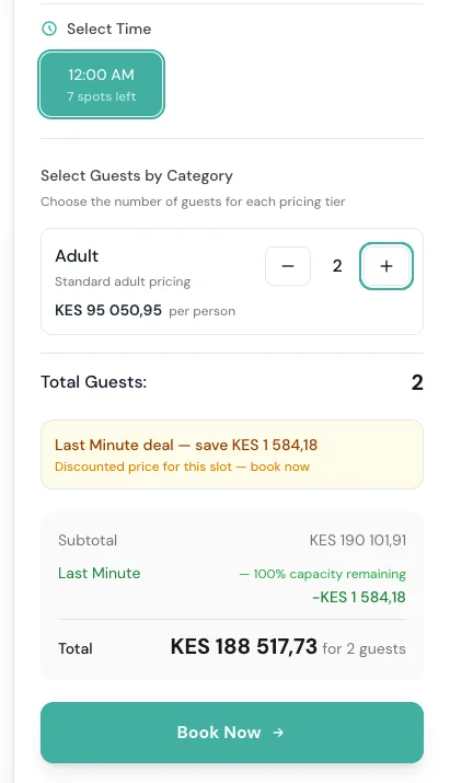 Zuru booking widget showing a Last Minute discount applied at checkout for a museum ticket