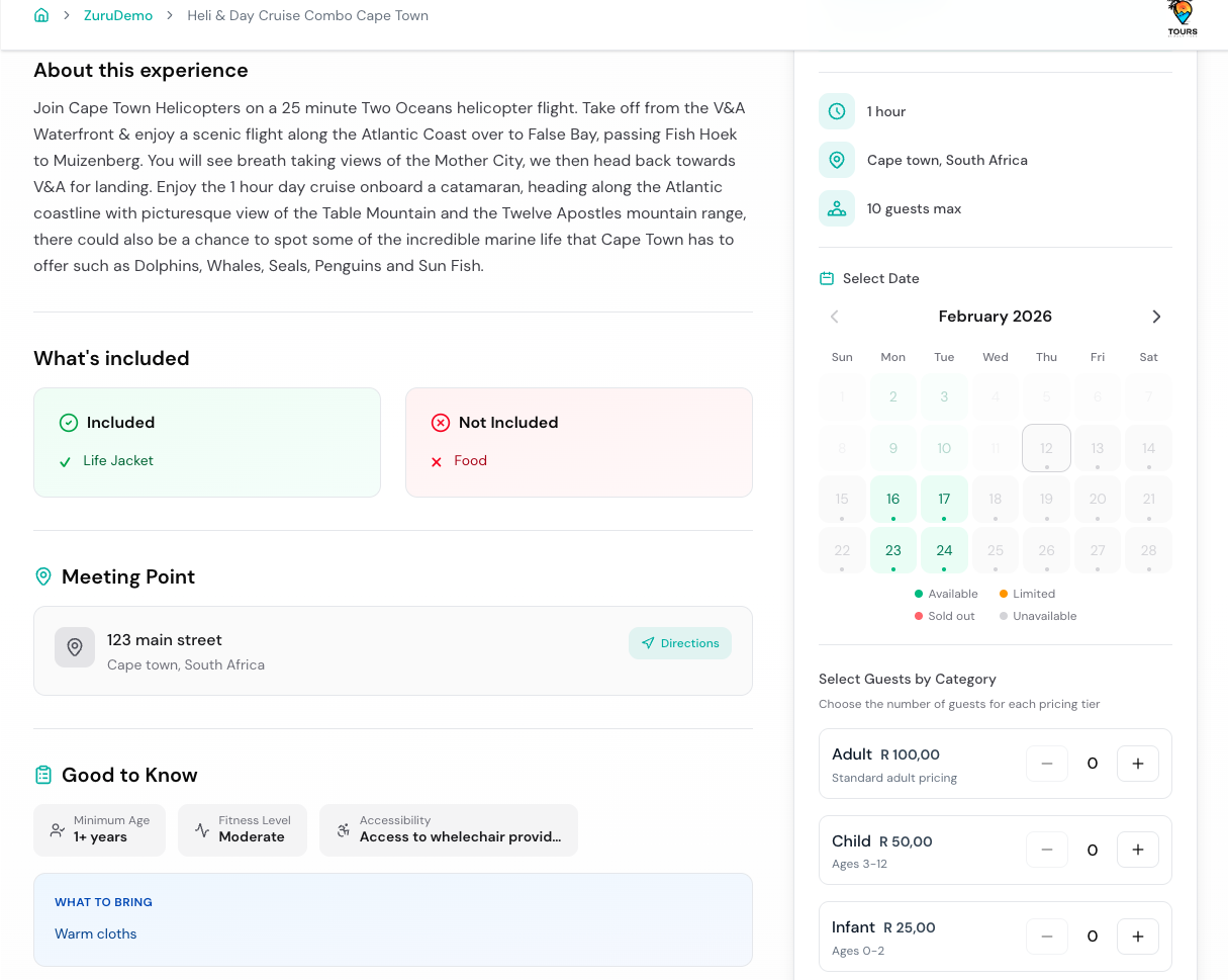 Operator Page experience detail with calendar, guest categories, inclusions, and meeting point