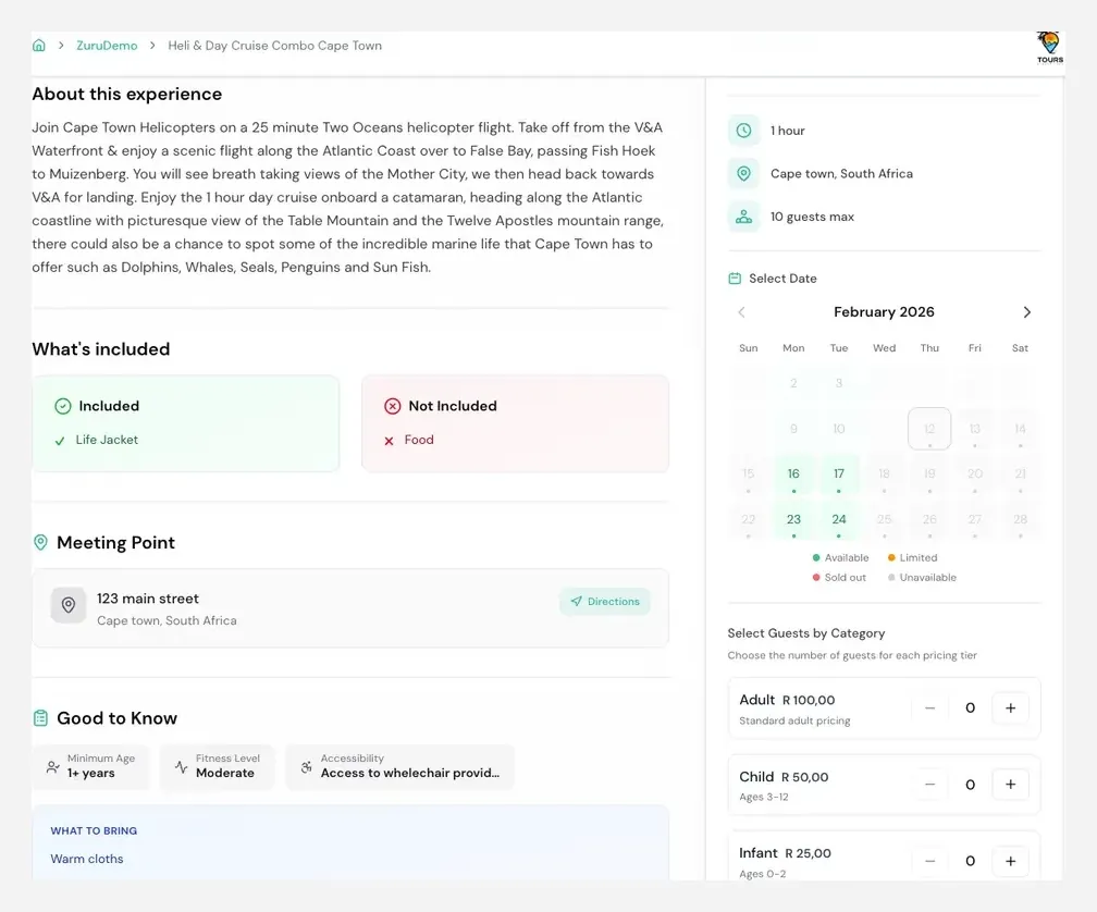 Operator Page experience detail with calendar, guest categories, inclusions, and meeting point
