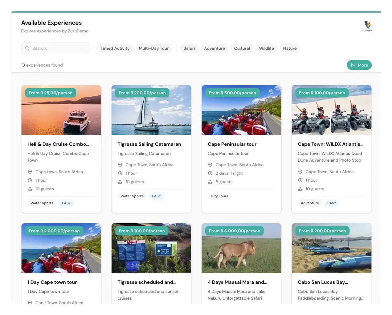 Operator Page experience listing with search, category filters, and pricing cards