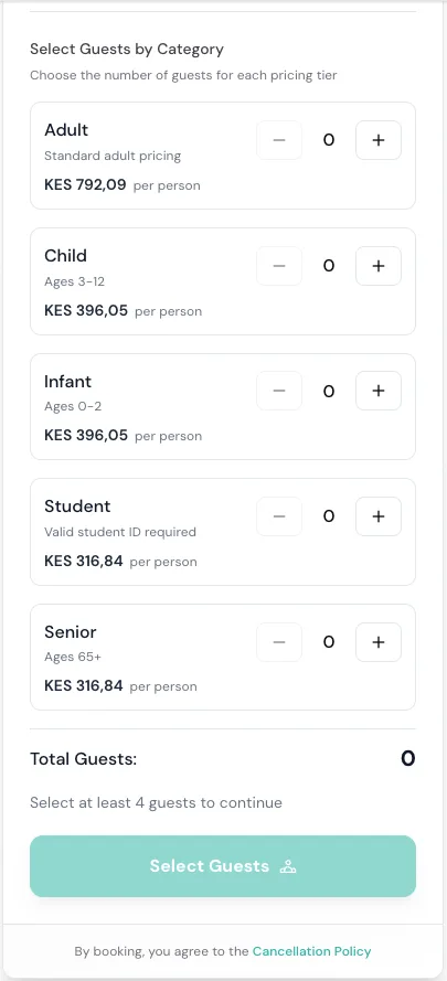 Zuru booking widget with guest categories and per-person pricing