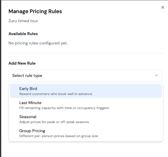 Zuru Manage Pricing Rules modal with Early Bird, Last Minute, Seasonal, and Group Pricing options