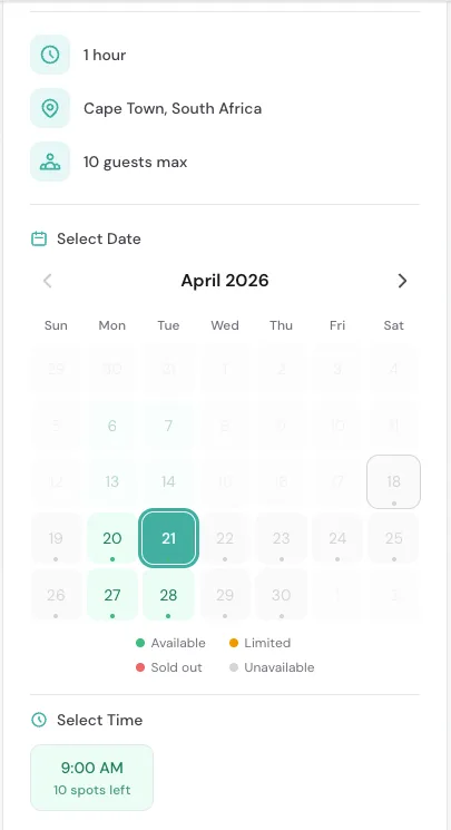 Zuru booking widget showing tour duration, location, calendar, and time slot